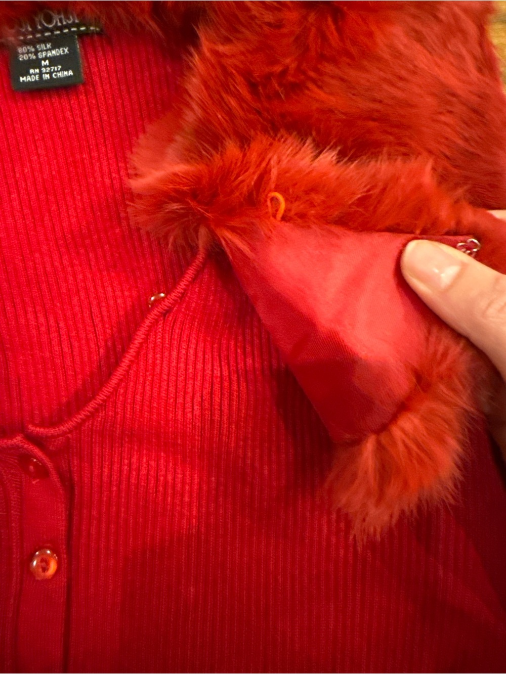 Red Ribbed Button-Up Sweater with Fur Collar - Picture 3 of 5